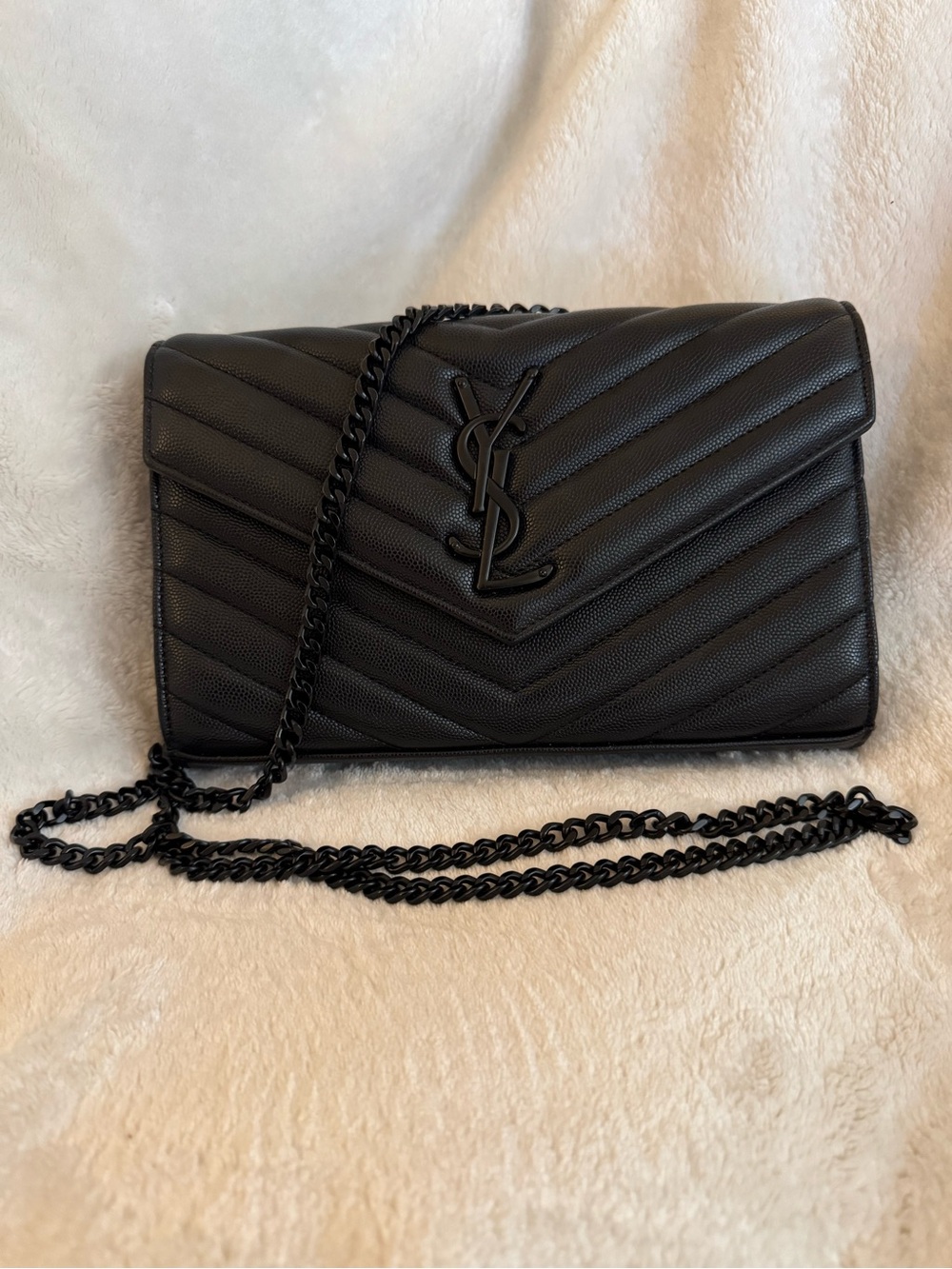 YSL Branded Black-on-Black Caviar Chevron Chain Shoulder/Crossbody Bag EUC